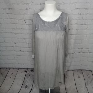 H Trend Grey Lace Applique 100% Silk Sheath Layered Dress Made in Italy Small